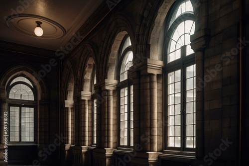 Elegant arched windows in a historic building adorned with intricate stonework. Generative AI