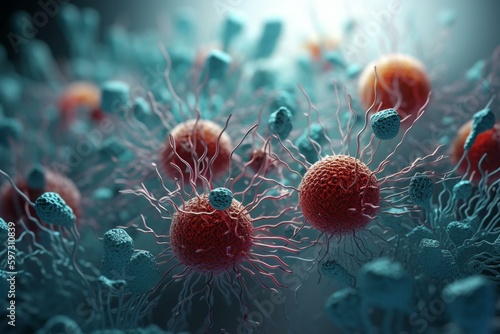 Abstract microorganisms on light background; science, medicine, microbiology. 3D. Generative AI