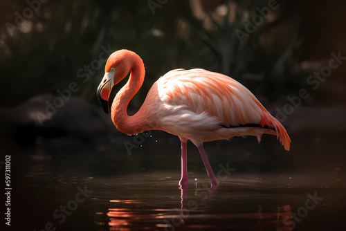 Flamingo (Africa, Asia, Americas) - Known for their distinctive pink color, and can be found in shallow lakes and lagoons (Generative AI)