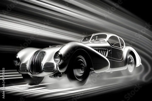 a silver sports car in motion with black lines and blurred edges, in the style of revived historic art forms, chiaroscuro lighting, 1940s–1950s, i can't believe how beautiful this is, AI generated.