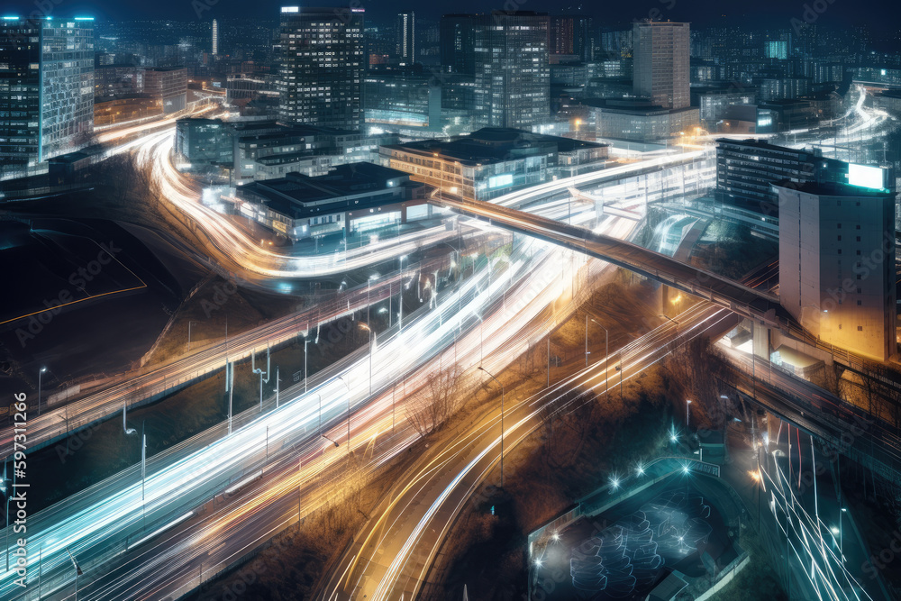 An aerial view of a city at night with light trails on the road and buildings illuminated in the foreground. From above view providing a unique perspective of the urban landscape. Generative Ai An aerial view of a city at night with light trails on the road and buildings illuminated in the foreground. From above view providing a unique perspective of the urban landscape. Generative Ai