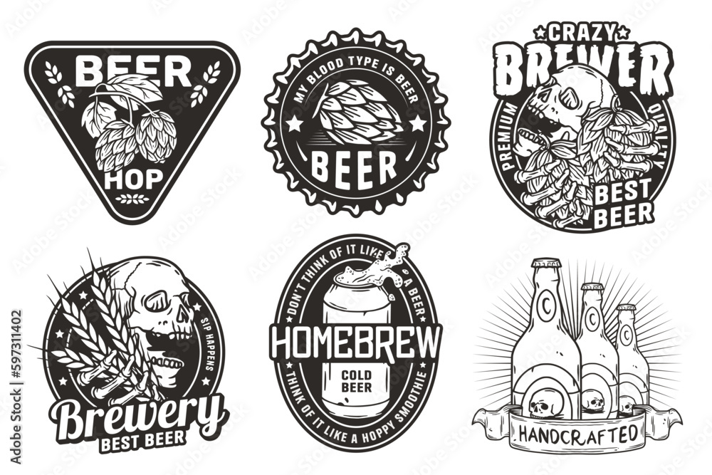 Fototapeta premium Beer set of designs with beer cap, can, hop, skeleton and bottle. Skull, beer glass, barly, bone hand and bottle for brewery or bar. Craft beer vector logos or emblems for pub and store