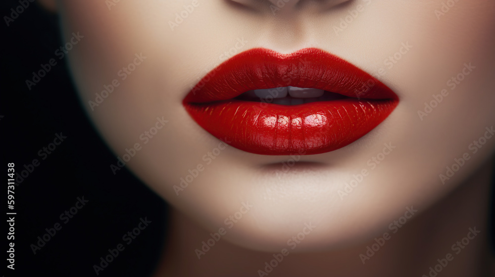 High fashion, glamour closeup lips of beautiful caucasian young woman model. Perfect clean skin with colorful red lips and lipstick. Generative ai High fashion, glamour closeup lips of beautiful caucasian young woman model. Perfect clean skin with colorful red lips and lipstick. Generative ai