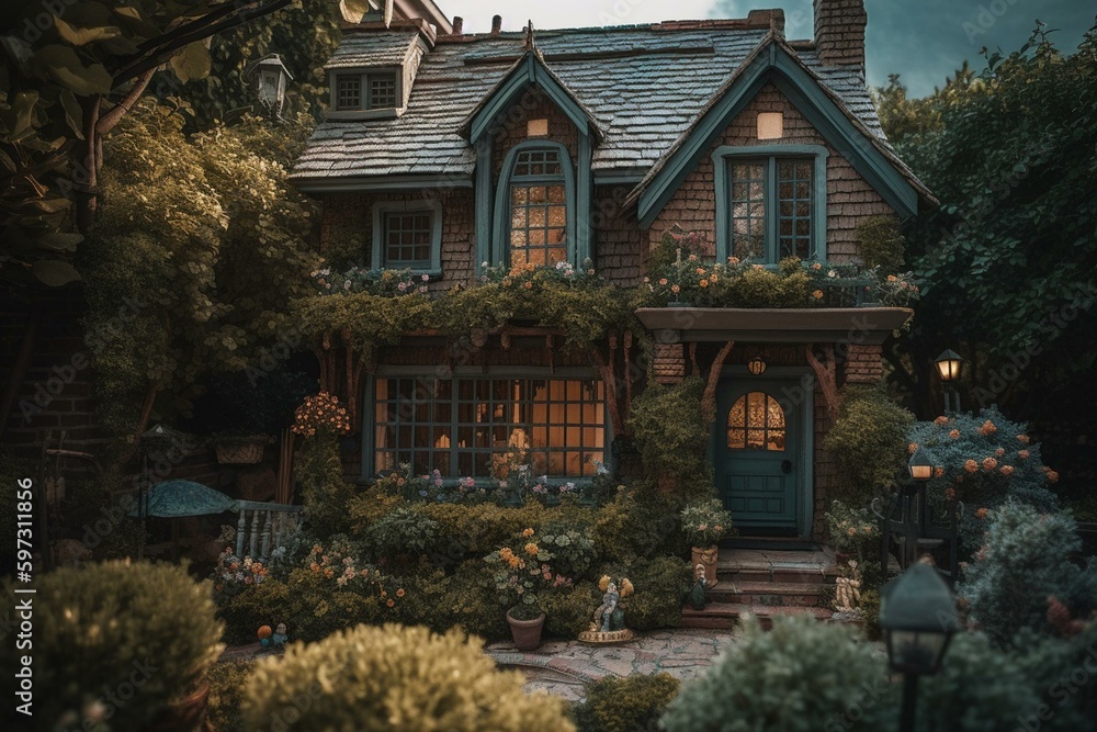A whimsical home and garden fit for a storybook. Generative AI