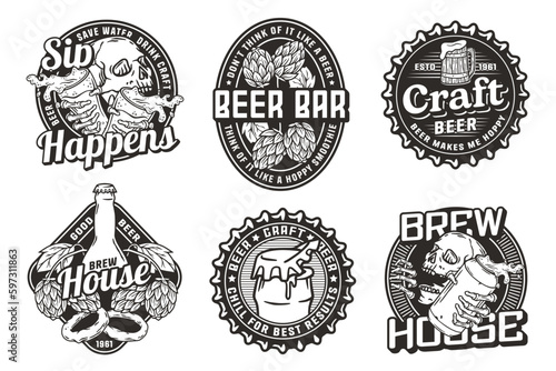 Beer set of designs with beer cap, can, hop, skeleton and bottle. Skull, beer glass, barly, bone hand and bottle for brewery or bar. Craft beer vector logos or emblems for pub and store