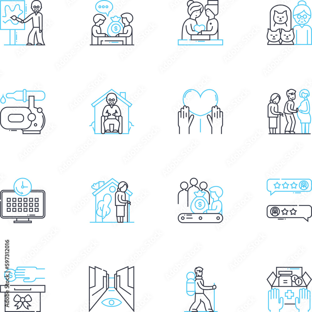 Elderly care linear icons set. Companionship, Mobility, Nutrition, Independence, Safety, Dignity, Memory line vector and concept signs. Health,Socialization,Support outline illustrations Elderly care linear icons set. Companionship, Mobility, Nutrition, Independence, Safety, Dignity, Memory line vector and concept signs. Health,Socialization,Support outline illustrations