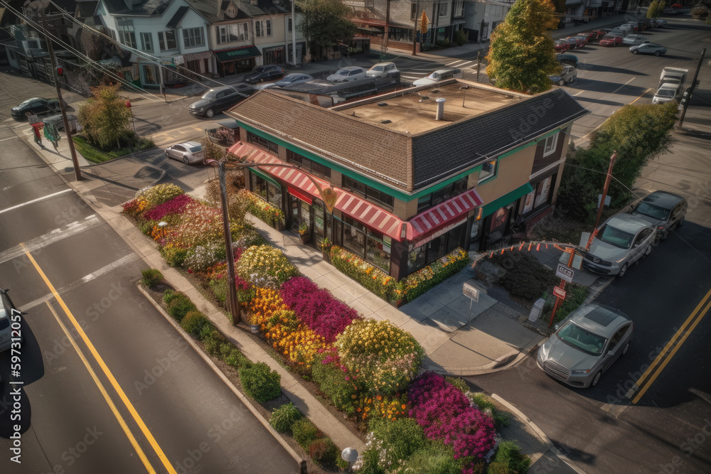 An aerial view of a restaurant located on a city street with a flower garden in front and parked cars and buildings behind it. Generative Ai