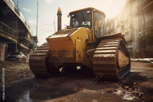 3D rendering of bulldozer used for heavy earthworks in road construction. Generative AI