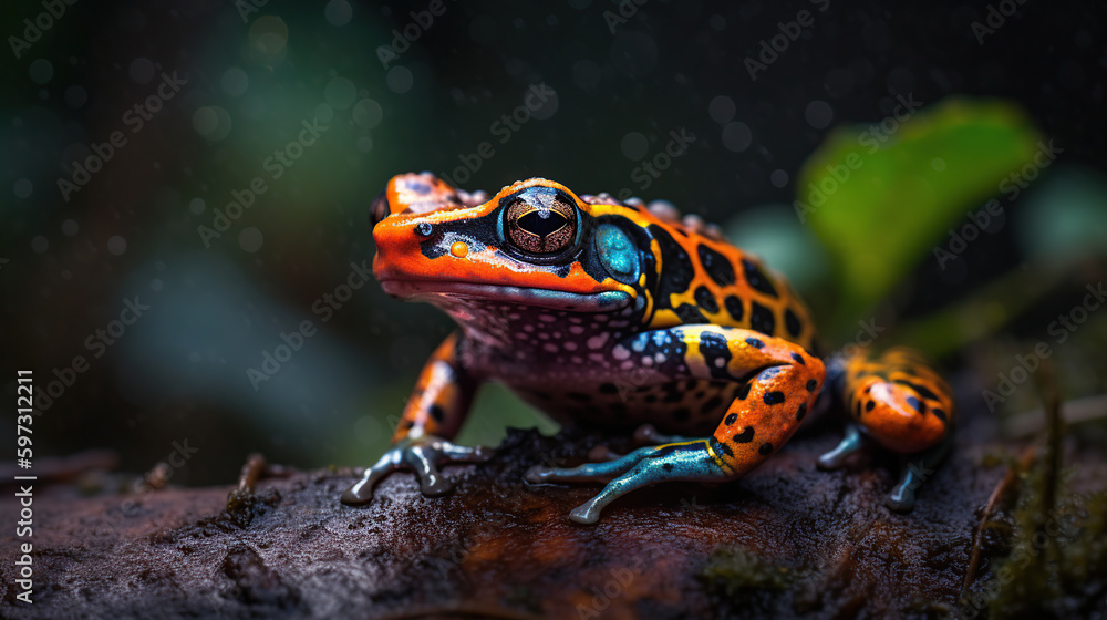 Fototapeta premium Colorful frog perched on a tree at the edge of water showing reflection in the water with blur background, generative ai