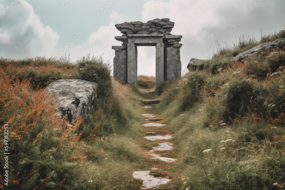 An old gate in the middle of a field with tall grass and rocks on either side, with a path leading to it. A stone arch situated on a hill, surrounded by a scenic landscape. Generative Ai