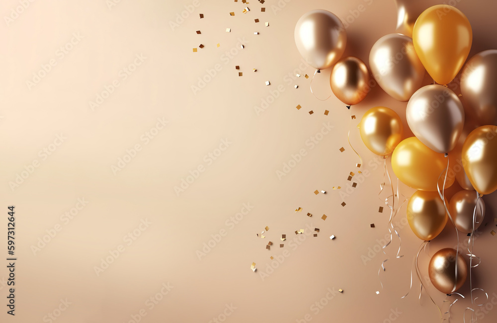 Fototapeta premium luxury decoration golden balloons, confetti, gift box copy space background. Generative AI
