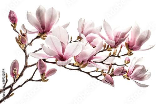 large branches of pink magnolia flowers isolated on transparent background Generative Ai