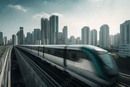 Speeding maglev train hovers above cityscape with blurred backdrop. Generative AI