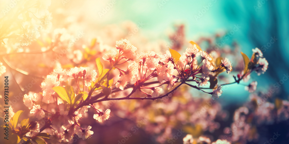 spring blossom tree bluish sky background