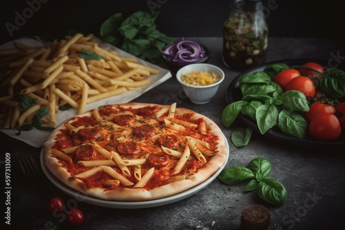 An image of pepperoni pizza, penne arrabbiata, and a Californian salad. Generative AI
