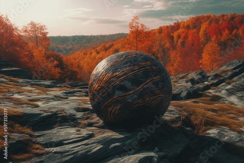 Minimal autumnal landscape with layered rock strata and bold celestial orb. Generative AI photo
