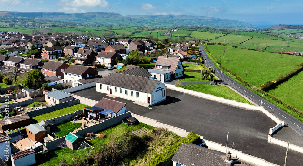 Aerial view of Craigyhill Gospel Hall Larne Co Antrim Northern Ireland Aerial view of Craigyhill Gospel Hall Larne Co Antrim Northern Ireland