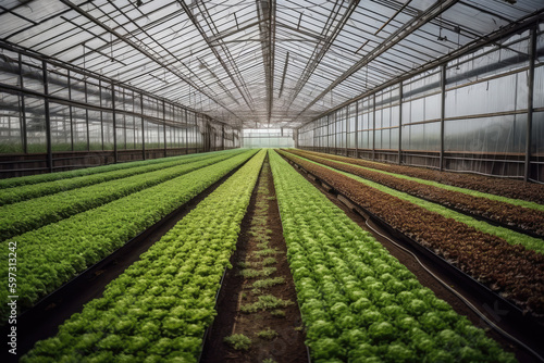 An impressive interior view of a large indoor greenhouse with rows of flourishing lettuce plants in the foreground, taken on April 27, 2012, by David Scott. Generative Ai