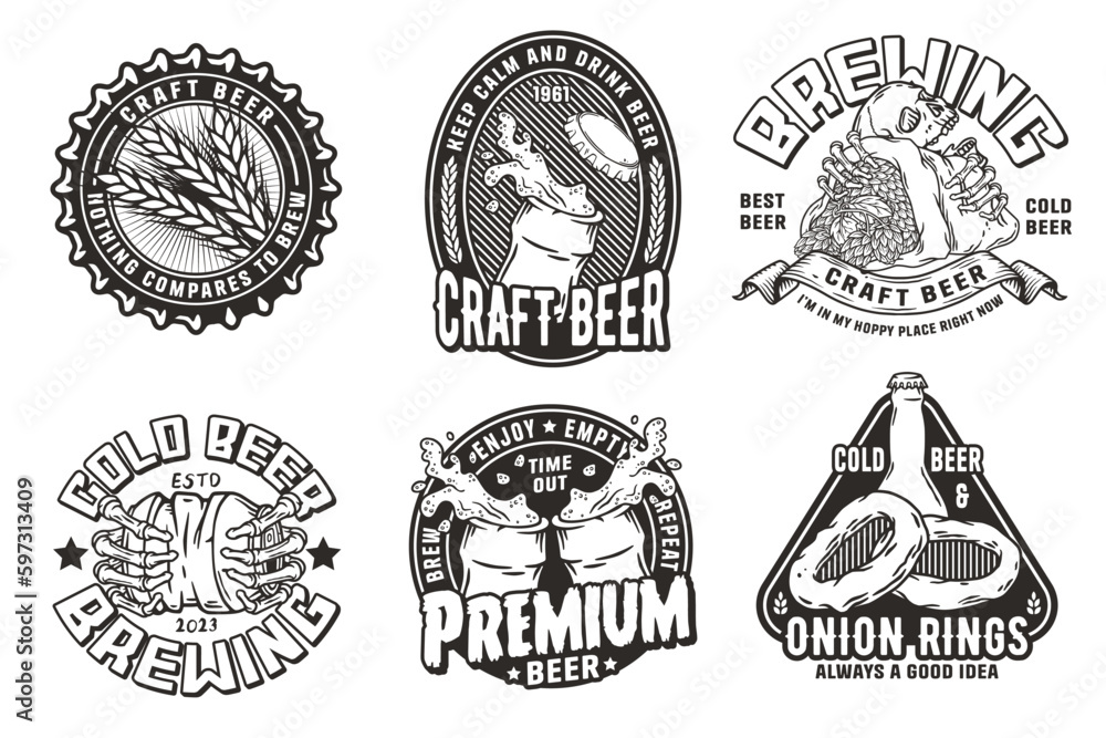 Beer set of designs with beer cap, can, hop, skeleton and bottle. Skull, beer glass, barly, bone hand and bottle for brewery or bar. Craft beer vector logos or emblems for pub and store