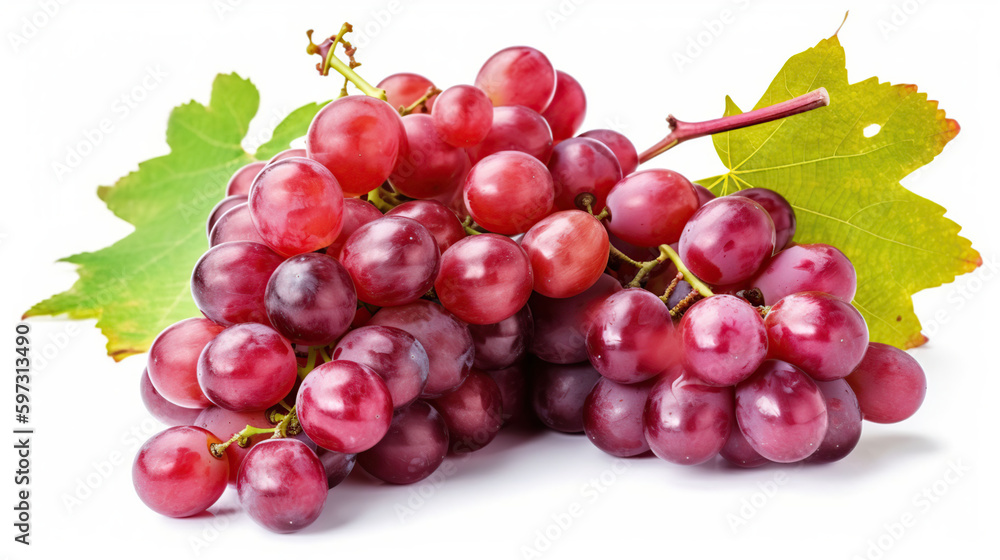 Ripe red grape. Pink bunch with leaves isolated on white. With clipping path. Full depth of field, generative ai Ripe red grape. Pink bunch with leaves isolated on white. With clipping path. Full depth of field, generative ai