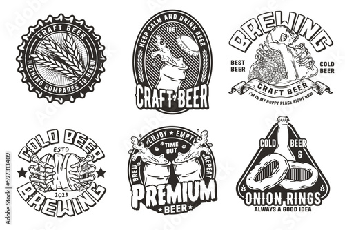 Beer set of designs with beer cap, can, hop, skeleton and bottle. Skull, beer glass, barly, bone hand and bottle for brewery or bar. Craft beer vector logos or emblems for pub and store