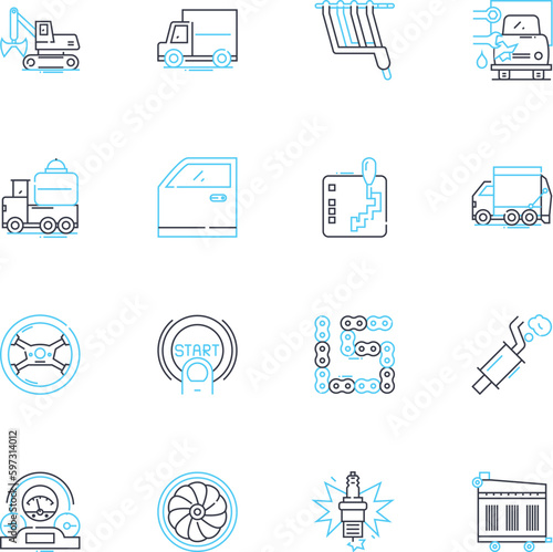 Car compnts linear icons set. Engine, Transmission, Suspension, Brakes, Steering, Wheels, Axles line vector and concept signs. Gearbox,Carburetor,Battery outline illustrations