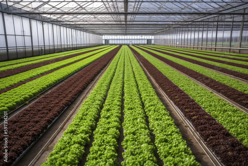 A large-scale indoor greenhouse filled with rows of lettuce and other crops, taken from an aerial perspective.. Generative Ai
