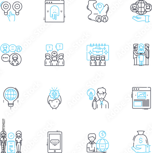 Business creation linear icons set. Entrepreneurship, Startups, Innovation, Funding, Strategy, Marketing, Branding line vector and concept signs. Nerking,Management,Expansion outline illustrations