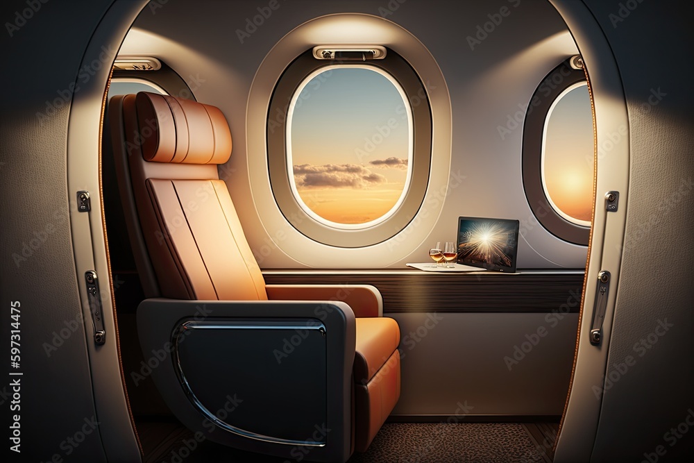 first class business luxury seat for vacations or corporate airplane travel. generative ai