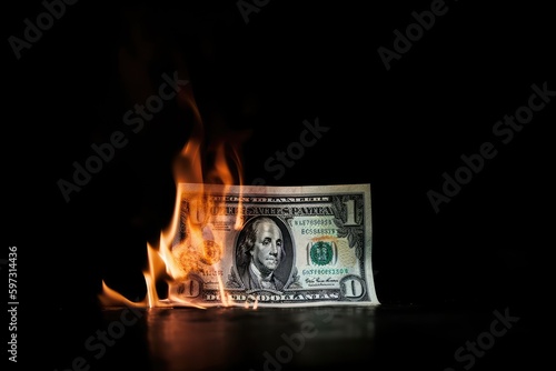 dollar bill in fire, inflation economy, debt recession, financial crisis. generative ai