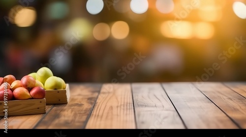 wooden table top with fruts, lights bokeh on blur background.
