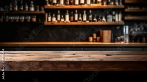 Empty wooden table top with lights bokeh on blur bar background.