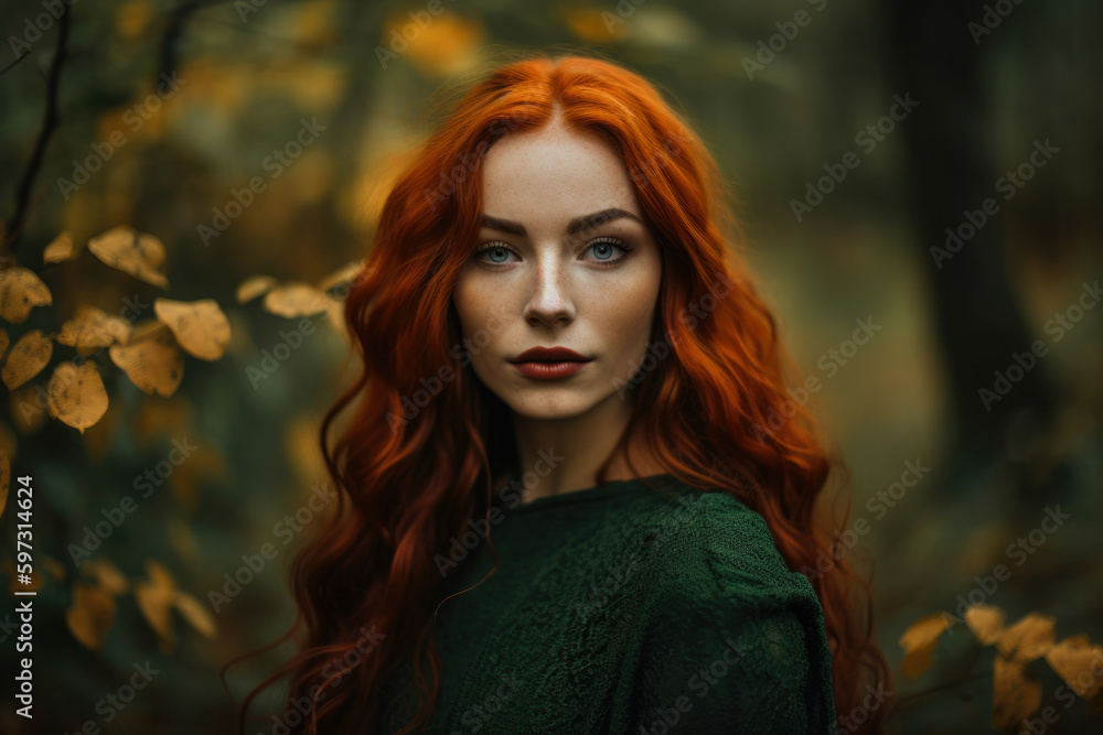 Obraz na plátně A portrait of a stunning woman with rust-colored hair and vibrant green eyes, we