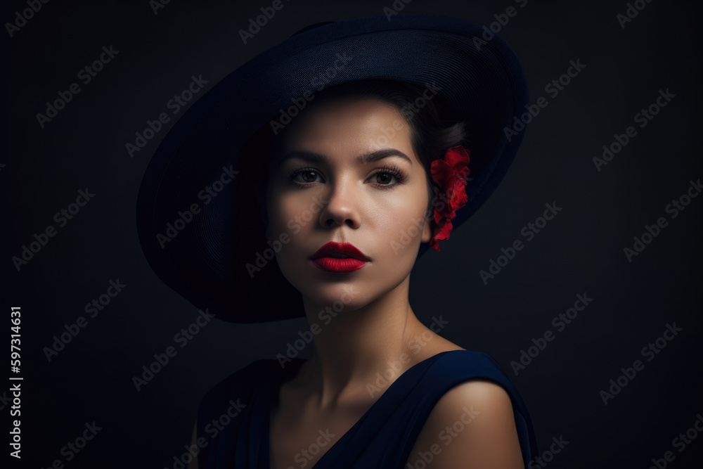 A Sophisticated portrait of a beautiful woman with a dark blue background and a classic red lip that adds a touch of timeless elegance to the image, generative ai A Sophisticated portrait of a beautiful woman with a dark blue background and a classic red lip that adds a touch of timeless elegance to the image, generative ai
