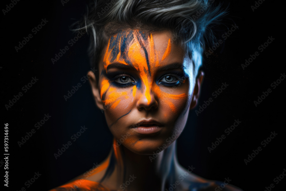 Artistic portrait of a mysterious woman with neon orange makeup and a dark background, generative ai Artistic portrait of a mysterious woman with neon orange makeup and a dark background, generative ai