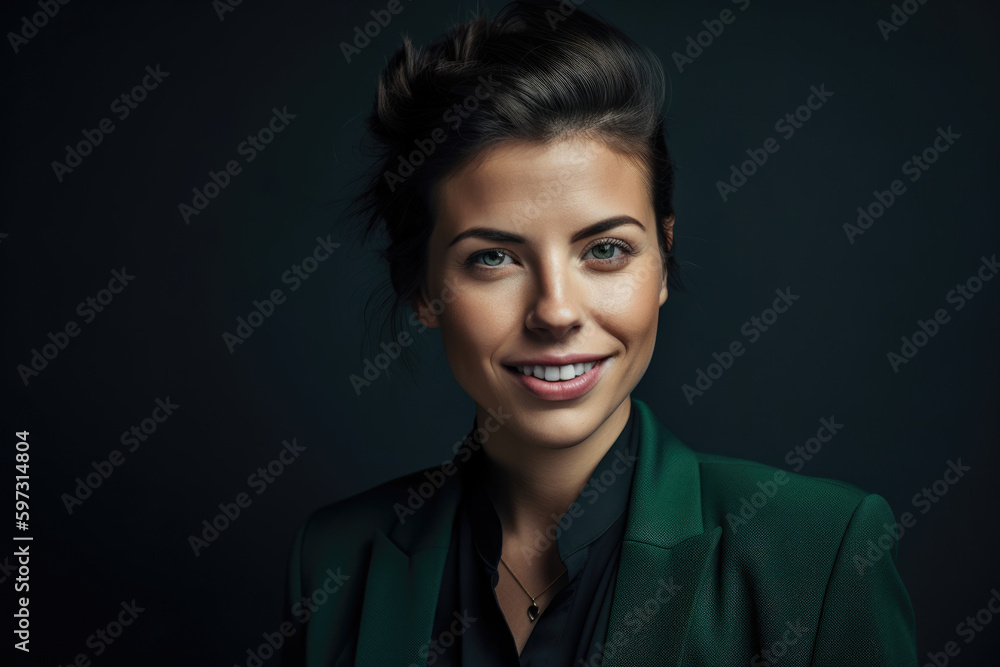 Beautiful brunette woman with piercing green eyes and a radiant smile, posing in a dark gray blazer against a dark gray background, generative ai Beautiful brunette woman with piercing green eyes and a radiant smile, posing in a dark gray blazer against a dark gray background, generative ai