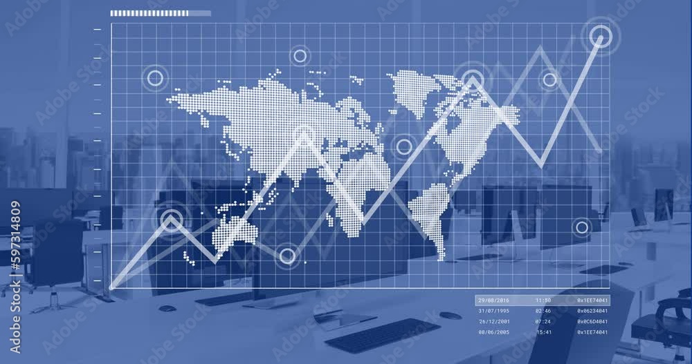 Animation of world map and data processing over office Animation of world map and data processing over office