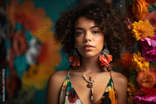 Beautiful tan-skinned woman with curly hair, adorned with colorful jewelry and standing in front of a vibrant floral background, generative ai