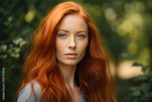 beautiful portrait of a woman with long red hair, soft features, and a serene expression set against a natural background, generative ai © aicandy