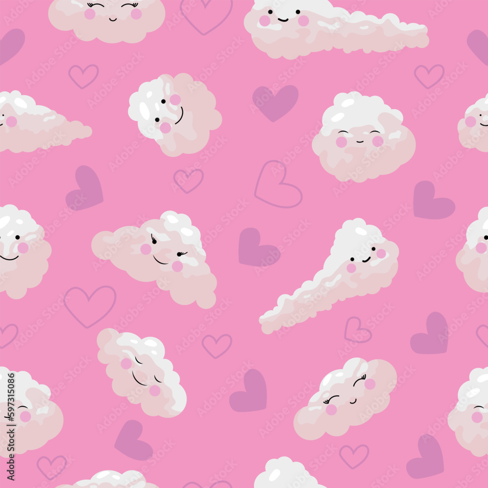 Pattern seamless with pink cute clouds and hearts. Design for fabric, packaging, wallpaper. Vector design.