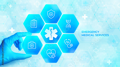Emergency medical services. Emergency call. Online medical support. Hand in blue glove places an element into a composition with medical icons visualizing emergency services. Vector illustration.