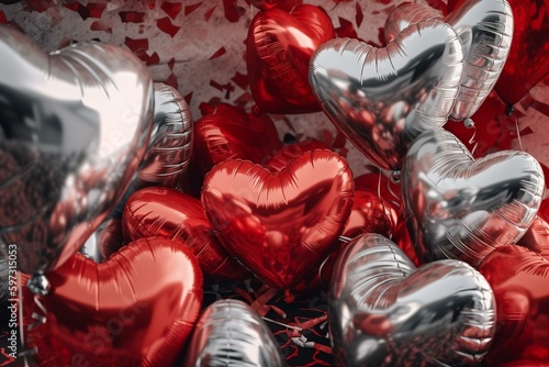 Red and silver heart balloons for Valentine s Day. Generative AI