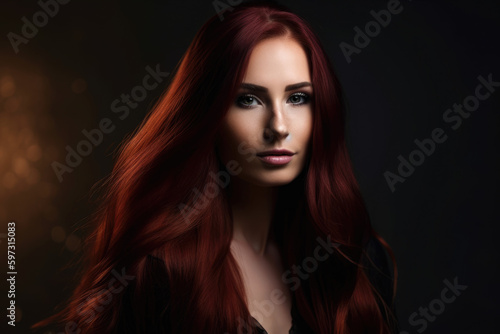 beautiful woman with long burgundy hair and a glowing complexion poses in front of a dark, dramatic background, generative ai