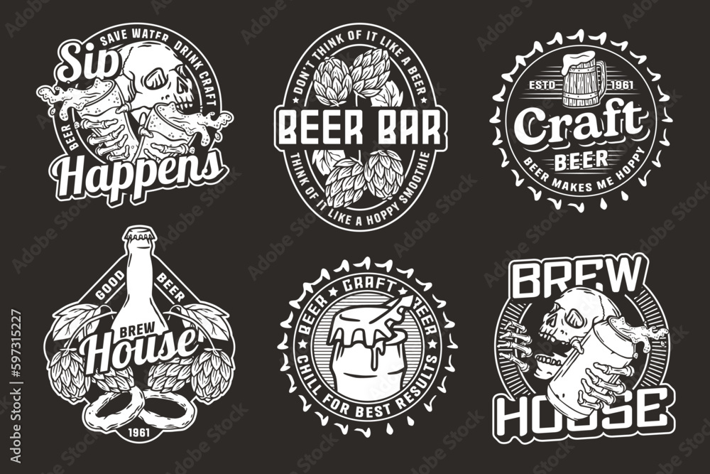 Beer set of designs with beer cap, can, hop, skeleton and bottle. Skull, beer glass, barly, bone hand and bottle for brewery or bar. Craft beer vector logos or emblems for pub and store Beer set of designs with beer cap, can, hop, skeleton and bottle. Skull, beer glass, barly, bone hand and bottle for brewery or bar. Craft beer vector logos or emblems for pub and store