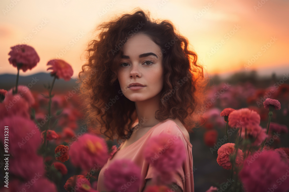 Naklejka premium Beautiful young woman with a light tan complexion and long curly hair posing in a flower field with a pink sunset sky in the background, generative ai