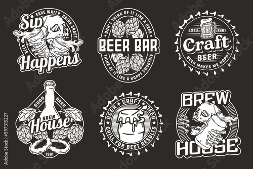 Beer set of designs with beer cap, can, hop, skeleton and bottle. Skull, beer glass, barly, bone hand and bottle for brewery or bar. Craft beer vector logos or emblems for pub and store