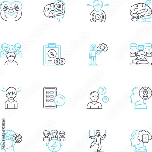 Animal behavior linear icons set. Instinct, Aggression, Communication, Territoriality, Adaptability, Curiosity, Mimicry line vector and concept signs. Cooperation,Playfulness,Dominance outline