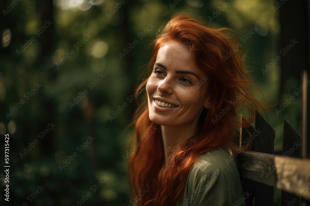 breathtaking woman with flowing auburn hair and a radiant smile posing against a dark tan wooden fence with a lush green forest in the background, generative ai breathtaking woman with flowing auburn hair and a radiant smile posing against a dark tan wooden fence with a lush green forest in the background, generative ai