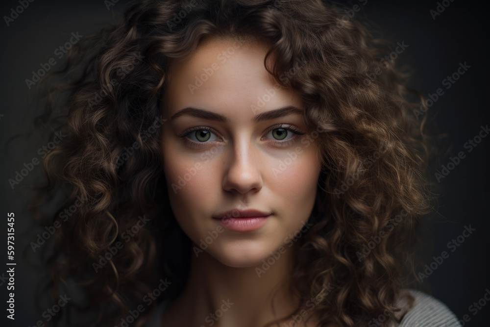 Captivating portrait of a beautiful woman with stunning green eyes and cascading curly hair, set against a soft, neutral gray background, generative ai