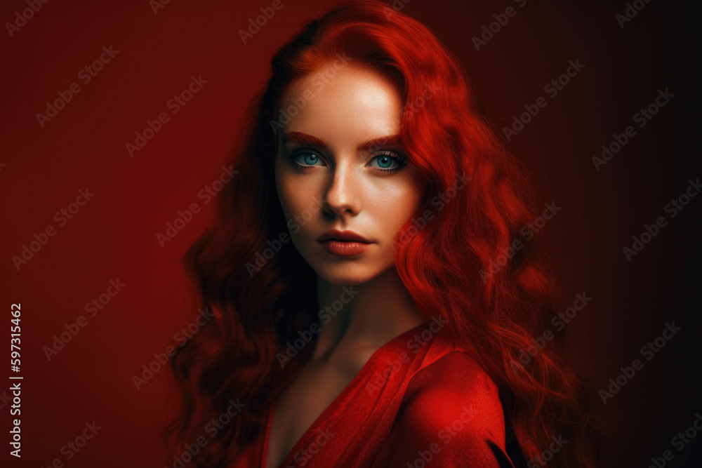 captivating portrait of a confident red-headed woman with a fiery red dress and a bold red lipstick, posing against a red background with subtle gradient, generative ai captivating portrait of a confident red-headed woman with a fiery red dress and a bold red lipstick, posing against a red background with subtle gradient, generative ai